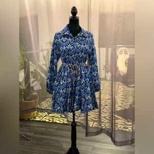 Damask Pattern Blue Babydoll Dress with Belt